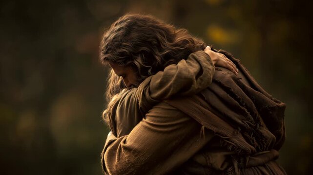 Jesus embraces a child in a serene outdoor setting, depicting love and compassion during a peaceful moment