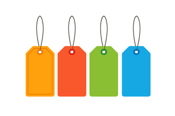 Assortment of colorful blank tags with strings for various pricing and promotional uses