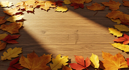 Golden Autumn Leaves on Rustic Wooden Background