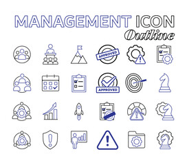 Management icon set. Teamwork, Evaluation, leadership, planning, approve, risk, etc. manager, success. outline design style.