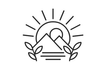 Minimalist mountain landscape with a radiant rising sun and natural foliage