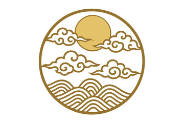 Golden sun and stylized clouds over traditional Asian waves in a circular frame