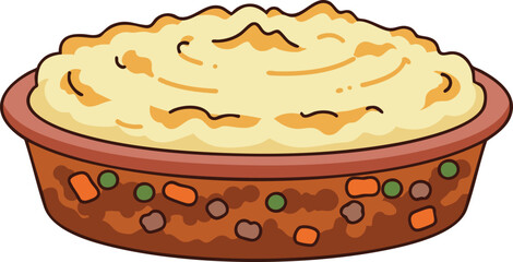 A cartoon illustration of a shepherd's pie or casserole dish with a golden mashed potato topping and a savory filling.