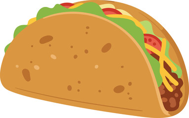A delicious cartoon taco with a hard shell filled with meat, lettuce, tomatoes, and cheese on a white background.