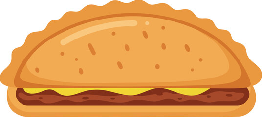 A cartoon illustration of a golden-brown empanada with a crimped edge, filled with meat and cheese, on a white background.