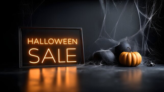 Modern dark studio Halloween background with neon orange sale sign left side pumpkin spider web and large clean negative space for product display