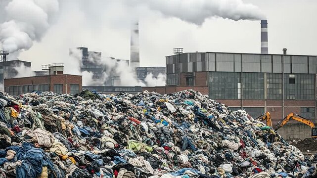 Mounting textile waste pile near an industrial factory highlights environmental concerns