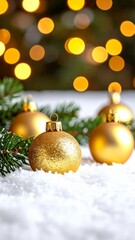 Shiny gold Christmas bauble decoration on a snowy branch of a fir tree for the winter holiday celebration