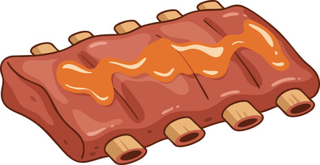 A cartoon illustration of a rack of pork ribs with barbecue sauce on top.