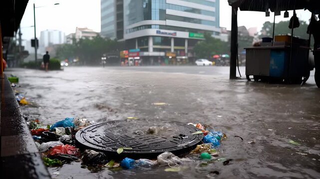 Rain floods a city street with garbage on a manhole cover. The flooded street shows garbage and water flowing while buildings and stalls line the background of the scene.
