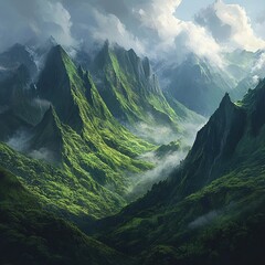 Lush mountain range shrouded in mist