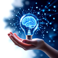 “Futuristic glowing lightbulb with blue brain illustration held by human hand surrounded by digital network lines and dots symbolizing innovation, intelligence, and creativity”