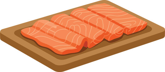 A vector illustration of four fresh raw salmon fillets arranged on a wooden cutting board, isolated on a white background.
