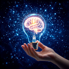 “Glowing brain inside lightbulb held by outstretched hand with blue digital network background symbolizing creativity, innovation, and bright ideas in technology”