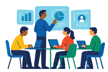 Obraz premium An illustration of a diverse team in a business meeting or training session with a presenter showing data charts.