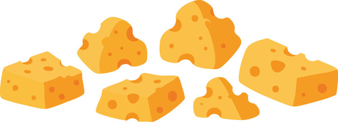 A collection of cartoon-style cheese pieces with holes, isolated on a white background.