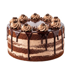 A decadent chocolate cake with coffee frosting, chocolate ganache drips, and coffee bean decorations, isolated on transparent background