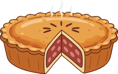 A cartoon illustration of a freshly baked, steaming hot pie with a golden-brown crust and a slice removed to show the red fruit filling.