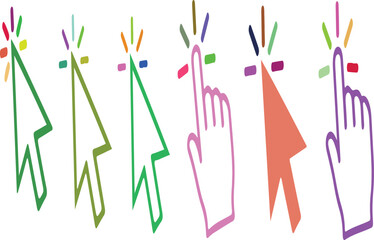 Six colorful pixelated cursor and hand icons with radiating lines on a white background cursor icon computer cursor