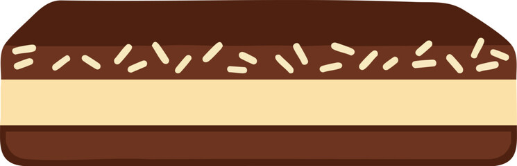 A vector illustration of a chocolate sandwich cookie with a cream filling and sprinkles on top.