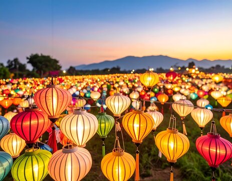 A Vibrant Field Illuminated by Colorful Paper Lanterns at Sunset