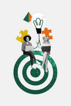 Fototapeta Trend banner artwork 3d photo collage of two happy girls freelancer business partners surf laptop target development light bulb