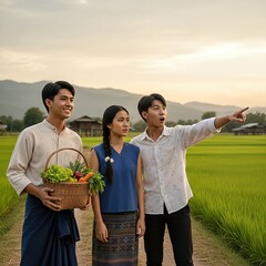Group of Friends Admiring the View over the Rice Fields at Sunset