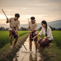 Young Farmers Working on Irrigation in a Rice Paddy Ditch