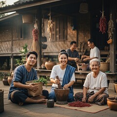 Generations Preparing Thai Food with a Pestle and Mortar Outdoors