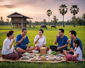 Extended Family Enjoying a Picnic Dinner in the Rice Fields at Sunset