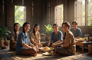 Women and Man Preparing and Enjoying Som Tum in a Traditional Thai Home