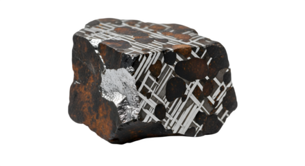 Meteorite rock isolated on transparent background, showcasing its unique widmansttten pattern and fusion crust, a testament to its cosmic journey