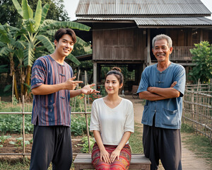 Grandfather and Son with Daughter in Traditional Farm Setting