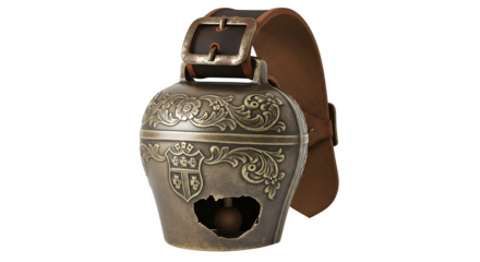 A vintage cowbell with intricate carvings and a leather strap, isolated on transparent background, evokes rustic charm and alpine tradition
