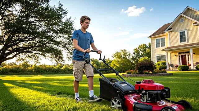 Teenage boy diligently mows the lush green lawn with a powerful push lawn mower