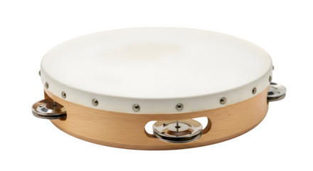 Single tambourine, a musical percussion instrument, isolated on transparent background used in various genres, from folk to rock, for rhythmic accompaniment