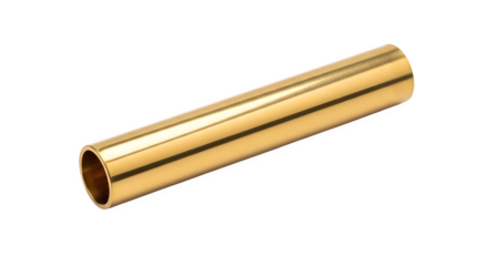 Polished brass tube isolated on transparent background, showcasing its smooth surface and golden hue, ideal for industrial or decorative applications