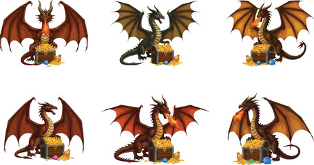 Fantasy dragon, treasure hoard, gold coins, fire-breathing creature, winged beast, mythical illustration, glowing chest, gem pile © Bokul Creatives