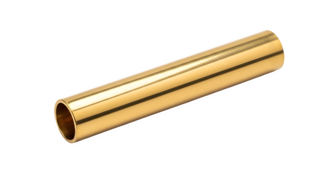Polished brass tube isolated on transparent background, showcasing its smooth surface and golden hue, ideal for industrial or decorative applications