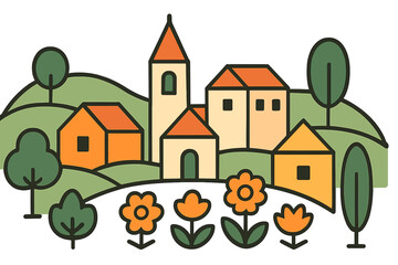 Charming village landscape with houses, church, green hills, and blooming flowers