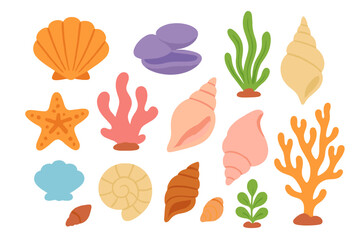 Colorful collection of ocean seashells, starfish, and underwater plants on a white background