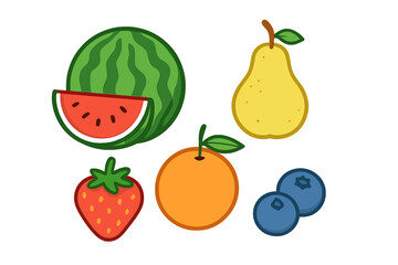 Assortment of fresh healthy fruits including watermelon pear orange strawberry and blueberries