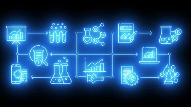 Scientific research workflow with neon glowing laboratory equipment and financial chart icons