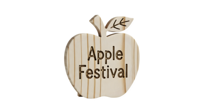 A wooden appleshaped sign with the words apple festival engraved, isolated on transparent background, promoting an autumn event