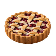 A freshly baked cherry pie with a lattice crust, showcasing a generous filling of ripe cherries, isolated on transparent background