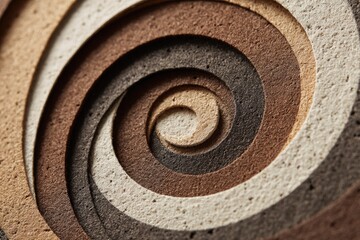 A textured, earthen-toned spiral design composed of concentric circles in varying shades of brown, beige, and off-white, creating a hypnotic effect