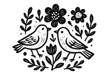 Decorative composition of two stylized birds and various botanical elements in monochrome