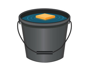 vector design of a bucket made of plastic filled with water. A yellow sponge is seen floating on the top of the water in the black bucket.