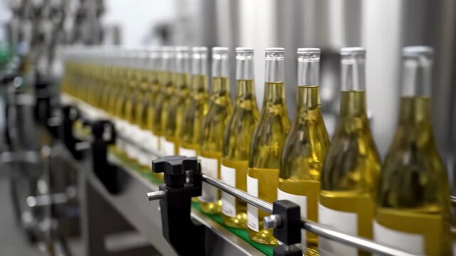 Glass bottles of wine align on a conveyor belt as wine fills the bottles. The wine and bottles move uniformly along the conveyor system in a factory setting.