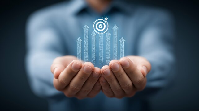 A man is holding a hand up to a blue background with a target - Powered by Adobe